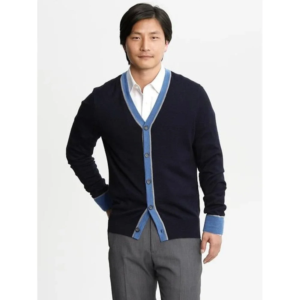 Banana Republic Extra-fine‎ Merino Wool Contrast-trim cardigan Navy Mens L